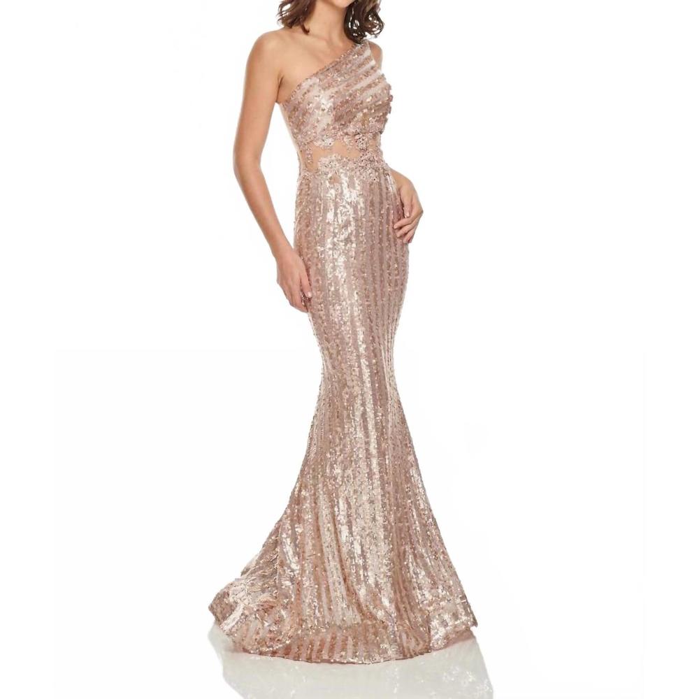 NEW RACHEL ALLAN one shoulder sequin jersey prom gown with beaded applique in ro